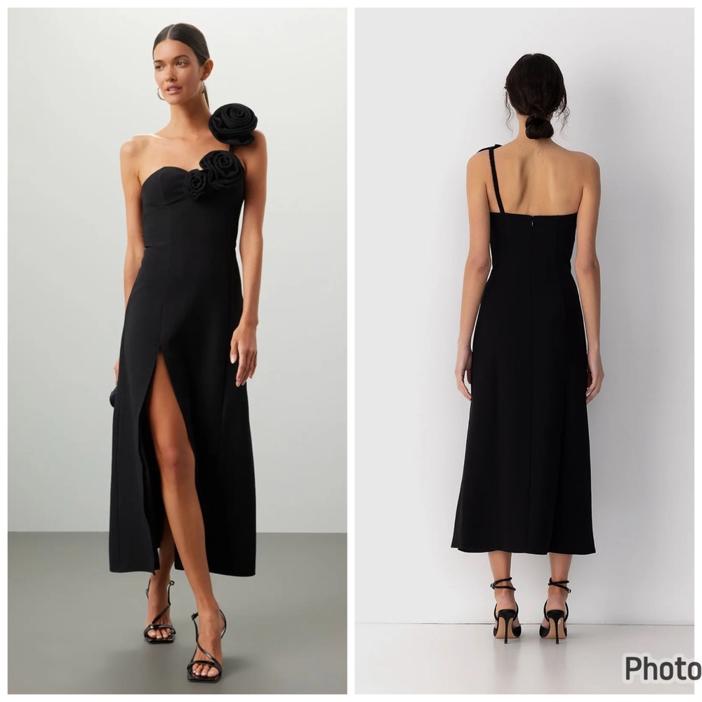 Anthropologie The Wolf Gang Flores One Shoulder Rose Midi Dress Black XS 3D